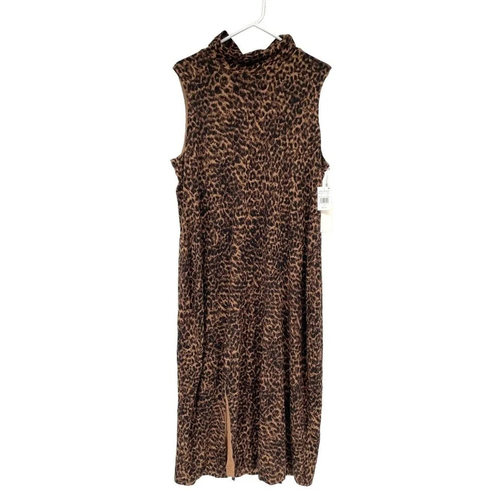 Good American Mock Neck Midi Dress Size 7 4XL Sepia Leopard Print